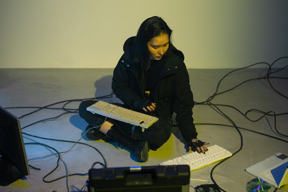Woman in black jacket interacting with multiple keyboards on the floor in a dimly lit room.