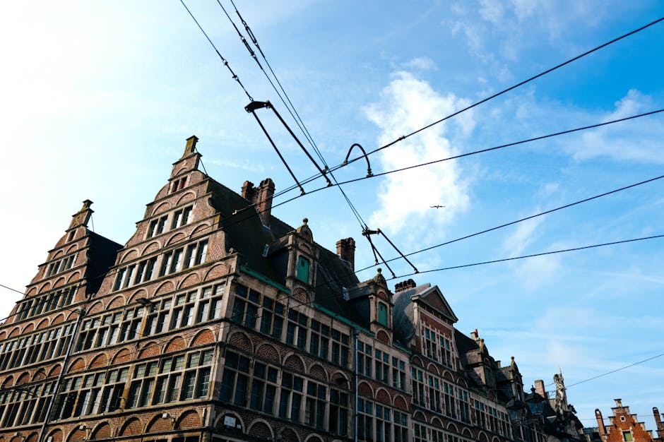 A brick gabled rooftop with overhead power lines against a sunny blue sky.