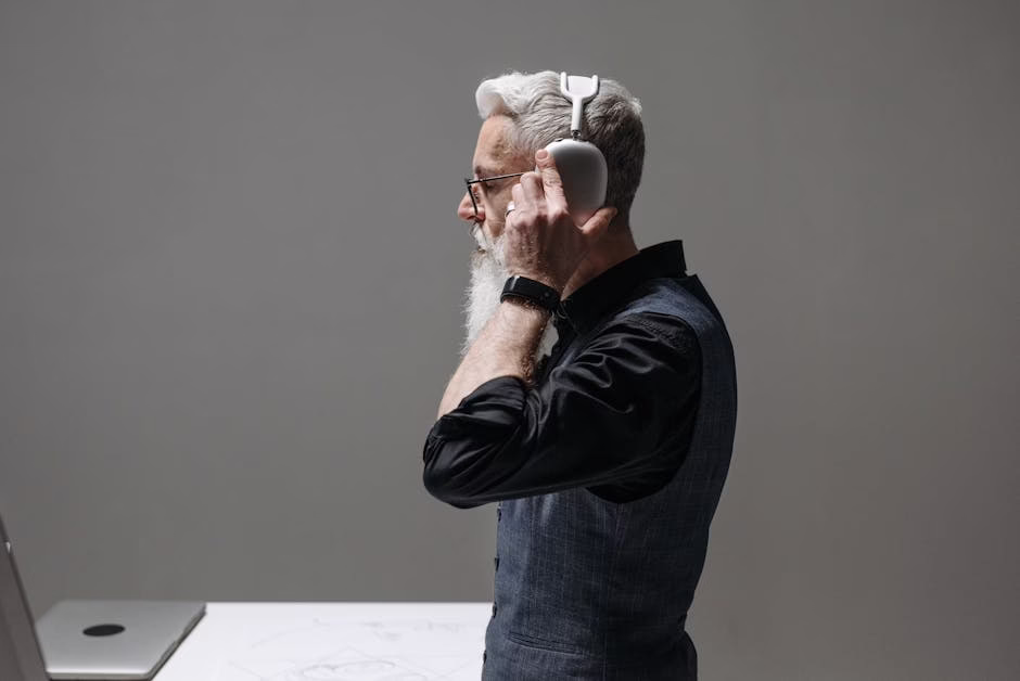 Mature man in corporate attire using wireless headphones in an indoor studio setup.
